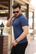Erkek Ince çizgi Dokulu Bisiklet Yaka Kısa Kollu T-shirt resmi